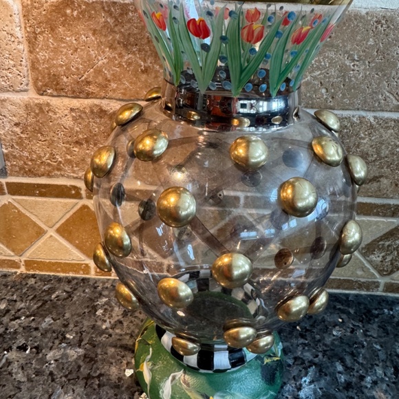 MacKenzie Childs Circus William Courtly Check Tulips Glass Vase  10.5” - Picture 2 of 10